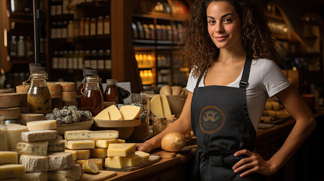 A cheese aficionado stands in a rustic cheese shop, surrounded by an assortment of cheese and wine, creating a gourmet backdrop.