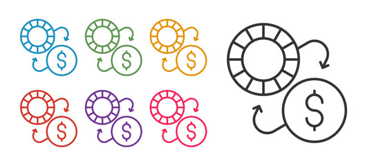 Set line Casino chips exchange on dollar icon isolated on white background. Set icons colorful. Vector