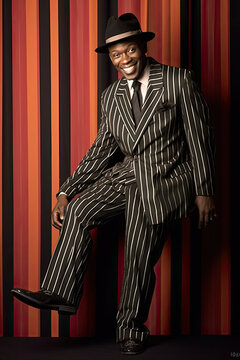 Confident African man in a stylish zoot suit and fedora, striking a relaxed pose with a bright white smile.