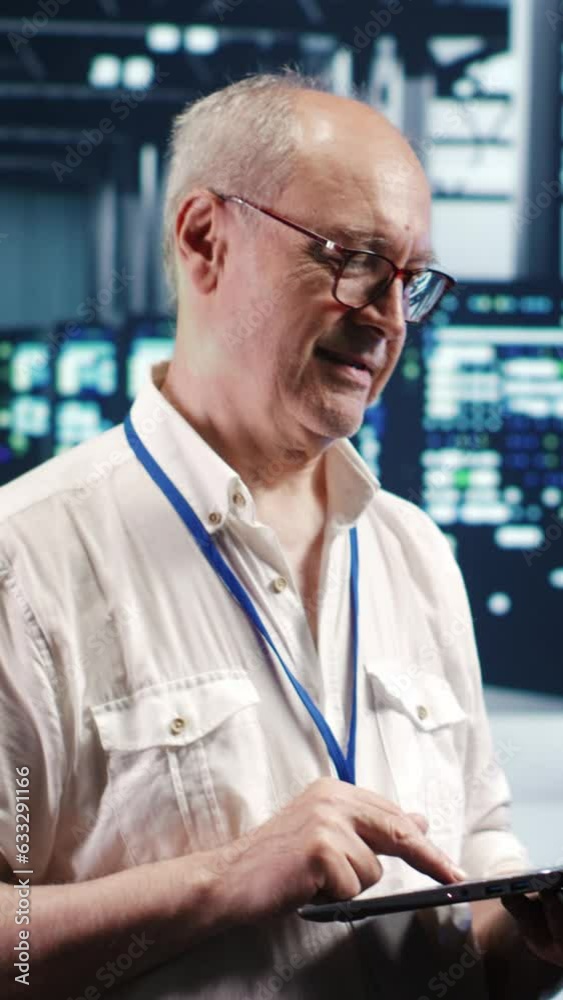 Poster vertical video old professional navigating network of server electronics in industrial hub. it devel
