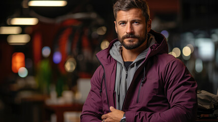 Fototapeta premium A man in a stylish tracksuit exudes business and athleticism in a modern gym.