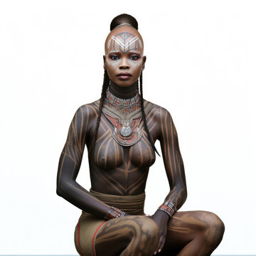 Studio shot of a Namibian Himba woman with otjize paste on her skin isolated on a pure white background.