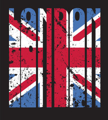 Text is London with flag of Great Britain . Print for t-shirt. Vector illustration.