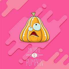 vector funny cartoon cute orange smiling pumkin isolated on abstract pink background. My name is pumkin vector concept illustration. vegetable funky halloween or thanksgiving day character