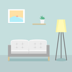 Living room interior minimal design with furniture, sofa, lamp, frame and plant pot. Flat style vector illustration.