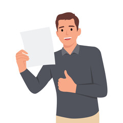 Man shows a sheet with the contract with thumb up. Flat vector illustration isolated on white background