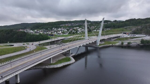 Aerial View of Farris Bridge (Farrisbrua) Over The Lake in Larvik, Norway.