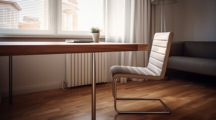 Fototapeta premium Minimalistic interior of a dining table and chairs. Created with Generative Ai technology.