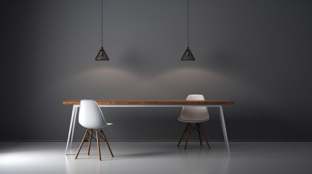 Minimalistic interior of a dining table and chairs. Created with Generative Ai technology.