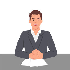 Man applicant or candidate during job interview by recruiter. Flat vector illustration isolated on white background