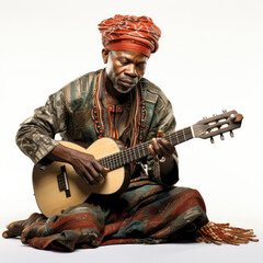 A professional photograph of a Malian griot playing the kora instrument.