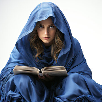 Studio shot of an Afghan woman in a blue burqa holding a book isolated on a pure white background.