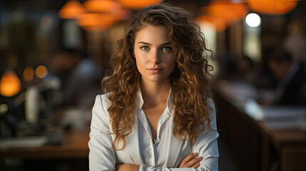Fototapeta premium A young woman in a white blazer exudes confidence in a modern office.
