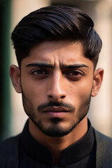Obraz premium A close-up of a South Asian man exuding cool confidence with a sleek, side-parted haircut.