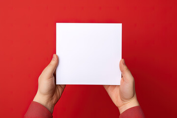 A human hand holding a blank sheet of white paper or card isolated on red background
