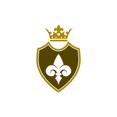Golden shield with heraldic symbol of fleur de lis icon isolated on transparent background © sljubisa