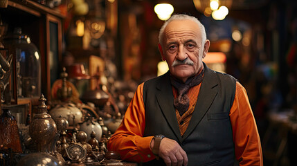 Elderly shopkeeper in vintage attire stands amidst blurred relics.