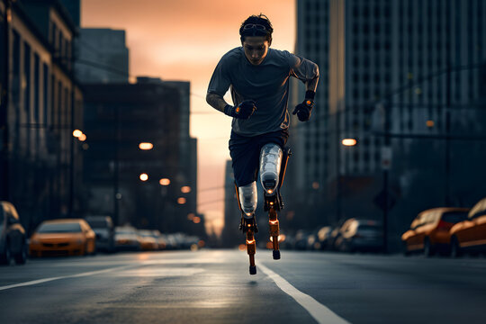 Man with futuristic prosthetic legs, future of biomechanics