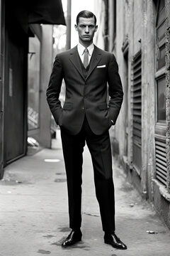 A nonchalant Caucasian man in a slim-fitting, three-piece mod suit and Chelsea boots.