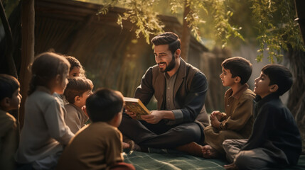 Fototapeta premium Male Islamic teacher sitting teaching children under the tree