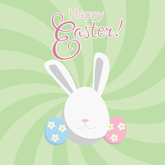 Easter illustration with a bunny, colorful eggs and swirled background, green and pink festive vector design with spring motive. 