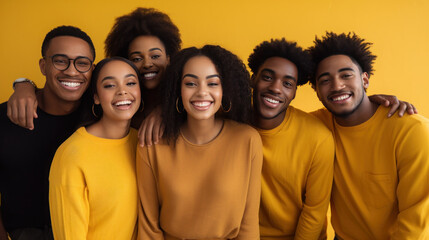 Fototapeta premium portrait of group young black people smiling wearing yellow shirt on the yellow pastel background