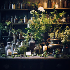 Vintage pharmacy ingredients - healing herbs, plants,  flowers, medical old bottles on wooden table. Ancient herbal  medicine, alternative health care treatments