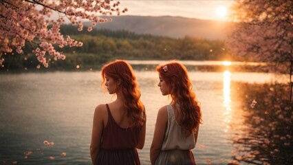 Silhouetted girls on lake's rim, sunset's warm embrace. Bonding, whispers, and friendship shared, nature's beauty frames cherished moments.