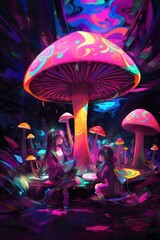 mushrooms in the forest. Neon effect. Vibrsnt colors