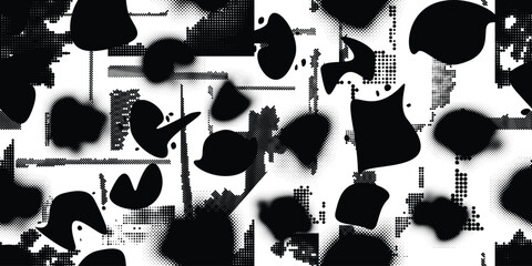 Glitch distorted grungy abstract forms . Blob shape organic seamless pattern texture. Fluid shapes .Grunge textured . Liquid vector shapes with halftone dots .Screen print endless pattern texture