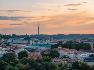 Vilnius, Lithuania - 07 30 2023: Panorama of Vilnius at sunset overlooking the TV tower