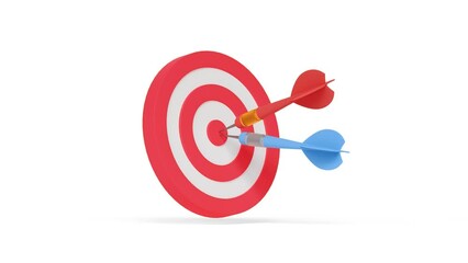 Red and Blue darts hit on center of target on white background, the success business target customer online marketing consultants. 3d animation