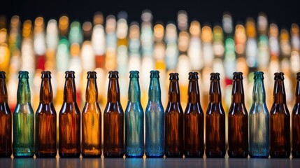 Beer bottles lined up. Generative AI