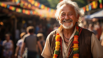 Obraz premium A colorful waistcoat-clad elderly ticket seller stands proudly amidst a lively community fair, with the fair rides and attendees creating a festive and exciting backdrop.