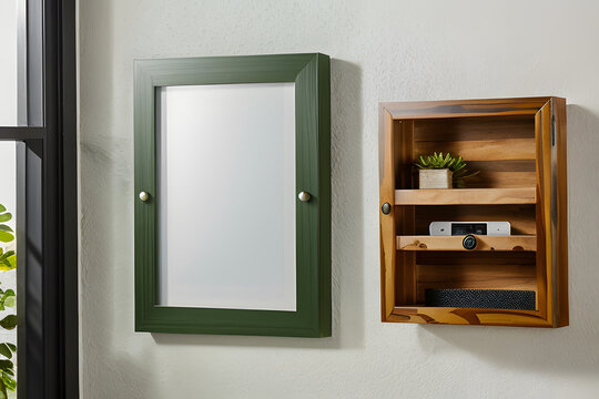 Mockup photo frame green wall mounted on wall with the wooden cabinet