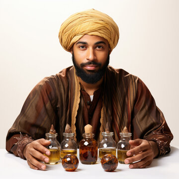 Studio shot of an Omani man in dishdasha and kumma hat holding frankincense isolated on a pure white background.