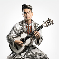 Studio shot of a Tajik man in traditional dress with a rubab musical instrument isolated on a pure white background.