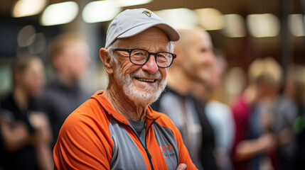 An energetic elderly fitness enthusiast stands in a sporty outfit, surrounded by a backdrop of fitness equipment and active class participants.