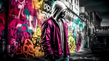 Fototapeta na wymiar Color Splash Porttrait of a person in front of a graffiti on the wall
