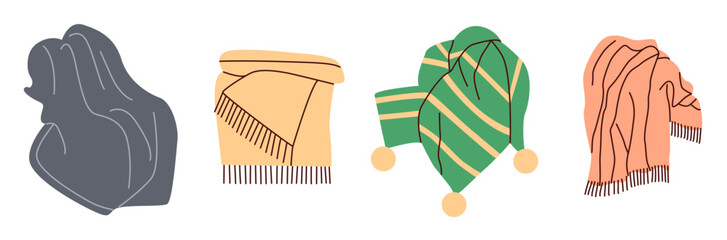 Home textile set. Decorative plaids for interior design. Cozy textiles for home decor. © Viktoriia