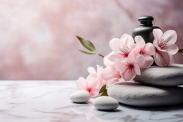 Spa stones and pink flowers on marble table.