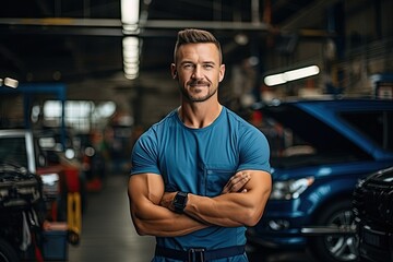 Fototapeta premium Technician, male auto mechanic in coverall in modern auto repair shop, garage