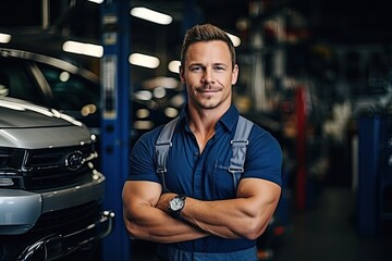 Technician, male auto mechanic in coverall in modern auto repair shop, garage