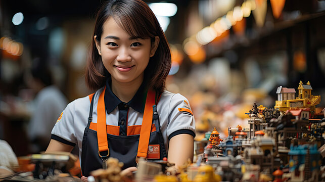 A lively toy store with a fun-themed shopkeeper surrounded by playful toys and games.