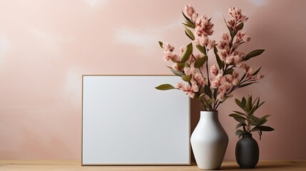 Empty wooden picture frame mockup hanging on pastel wall. Boho-shaped vases with dried flowers and house plants on table. Working space, home office. Modern interior.