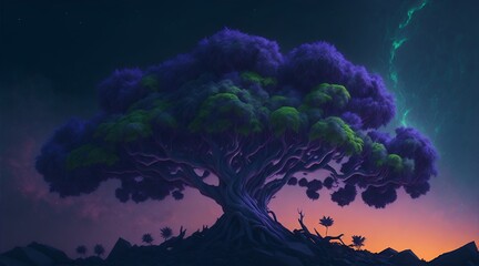 Fototapeta na wymiar purple and green color magic tree aurora borealis over the sky