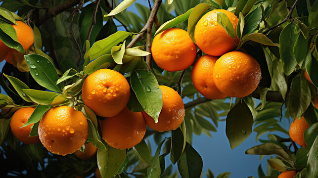 Orange on a tree, on a branch with warm light