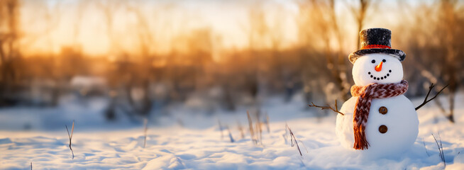 Snowman with a carrot nose, hat, scarf, coal buttons and stick arms standing outside on a winters day. Concept of winter, snow and childhood. Shallow field of view.