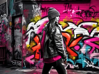 Fototapeta na wymiar Color Splash Porttrait of a person in front of a graffiti on the wall