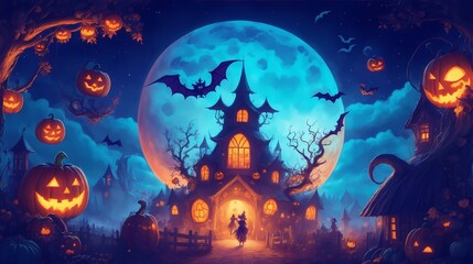 Fototapeta na wymiar Enchanted Witch House Amid Mythical Creatures and Moonlit Sky at Halloween Festival